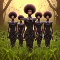 photo.three Brown skin women. Three dark skin women. Three black women. .three women. A mother. Two daughter. Twins. A mother with her children. three young black women. wood nymphs emerging from the forest. Her hair looks like vines. Dreadlocs. Her skin is the colour of dark soil. Her skin looks like tree bark. Her clothing is made of vines, grass and leaves. Elegant. Extremely detailed. Award winning photography. Fantasy. 8k. Cinematic lighting. Photorealistic. Dynamic lighting. Imperial color