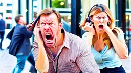 man angry on phone a lady yells from behind him