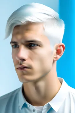 Young man with white undercut hair, a beautiful shade of light blue, tan skin with a thin and lean build.