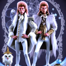 large open area, David bowie full body, white snow owl feathery jacket, fancy 1700's time period clothes, Jim Henson's The Labyrinth, Jareth the goblin king, holding crystal balls in hand, wearing spandex grey leggings, huge crotch bulge, labyrinth illusion, floating broken stairs in background, anatomically correct, 8k hyper realistic,80's vibe, complex background