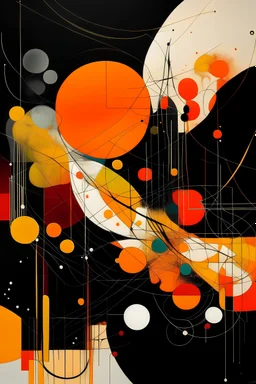 The curse of adverse suggestion, abstract surrealism, by Victor Pasmore and Tracey Adams, mind-bending illustration; maximalism, album cover art, asymmetric, Braille code textures, disintegrating orange shapes on black background