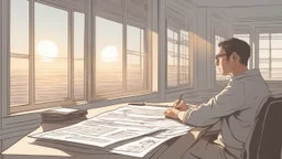 The image depicts an individual seated at their desk, meticulously crafting an organized daily schedule on a large sheet of paper in front of them. The image showcases attention to detail, as the person uses a pen to delineate different times and tasks on the schedule. The sun is seen rising behind a window, signifying the beginning of a new day full of possibilities. This image emphasizes the importance of good planning and creating an effective daily schedule to achieve success and enhance pro