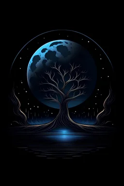 "Create an AI logo design for a T-shirt featuring the allure of moonlight in a dark night. Craft an image where the moonlight pierces the darkness, revealing a silhouette of a tree against a starry sky. The contrast should convey a sense of mystery and tranquility."