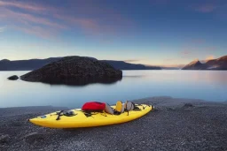 highly detailed glacial lake landscape, sunset, cinematic lighting, 4k, 8k, octane render, popular on 500px, pinterest, extremely detailed, ambient lighting, single frame, small fiberglass yellow solo symmetrical sea kayak on rock pebble beach in foreground, norway, iceland, fjord