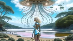 Wide-angle shot of a woman, standing to one side, with blond hair in a silver robotic catsuit, standing on a beach, gigantic flying mushrooms with jellyfish tentacles floating above her, with tall, narrow alien trees in the background