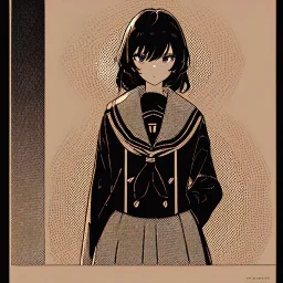 Clear focus,High resolution, black short fluffy hair, long fluffy bangs, and dark blue eyes, Depressed girl, wearing a sailor uniform,Line art