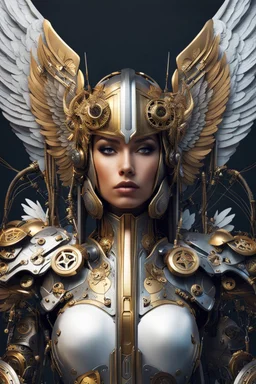 Photo half body Lady Angel cyborg straddle wings, using traditional armor,detailed, intricate,gears cogs cables wires circuits, gold silver chrome copper,abstract background