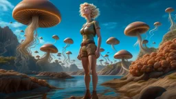 full body shot of a middle-aged, blond-haired woman in brown shorts and brown shirt, standing on a rock, on the shores of an alien world, with mushrooms with jellyfish tentacles floating in the air, photorealistic, Detailed Matte Painting, Deep Colour, Fantastical, Intricate Detail, sunshine, blue sky