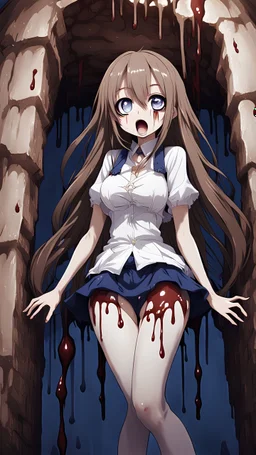 Anime girl with big eyes, darkblue and sepia tones, fullbody, slime, the perspective looking up from the bottom of an empty well, rolling eyes, tongue out, blood drip, open mouth, big thighs, long hair white,