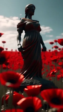 statue of justice in a field of red poppies.cinematic