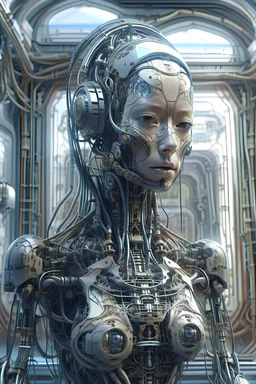 high quality, 8K Ultra HD, high detailed human-cyborg hybrid woman indonesia, full body, in the background is the interior of a spaceship,big window,cybernetic,cable electric wires,microchip,anatomical,polished,porcelain,ultra detailed,ultra realistic,extremely realistic,intricate,epic composition,H.R. Giger style