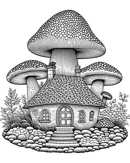 full mushroom house and some grass cartoon style on white background Coloring Book for Adults and Kids, Instant Download, Grayscale Coloring Book