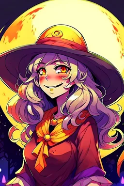 Style: anime manga, A Girl with dark skin tone, Red eye with a yellow base, Full curly white hair, moon-shaped cheek marks, and a childish smile, Her face is half in profile, the background is lunatic, her face seems to be mocking someone, Her outfit is: A lunar witch outfit, her purple colored witch hat has a yellow/gold colored star emblem, She is winking with one eye and sticking out her tongue (Mocking),