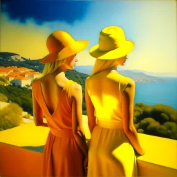 Neoclassicism realistic yellow orange cote d'azur sea two woman