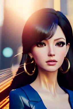 Anime business woman, dark brown hair, elegant hair, blue eyes, gold hoop earrings, waist up portrait, 8k resolution, intricate details, ornate details, soft lighting, vibrant colors, retroanime, masterpiece, intricate eyeliner, dark eyeshadow, eyes,futuristic cityscape background