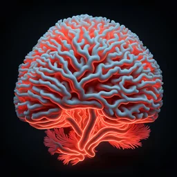 brain neon coral, single object, detailed with ancient flowers, black background, hyper realistic lighting