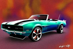 pen and color marker, true-to-life 1969 chevrolet camaro convertible pro street, twin-tone coloring, centered, intricate, extreme detailed, photorealism, center view, stylized random background, pivot on camaro, painting by cheryl kelley