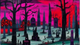 A dark purplish magenta haunted cemetery with ghosts designed in Bayeux tapestry painted by Paul Klee