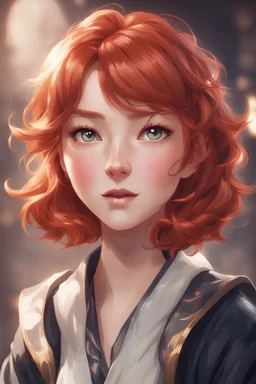 A short girl with thick short wavy red hair, narrow kind eyes with an enthusiastic look. A wide oval face is decorated with an upturned nose and small lips, genshin impact style