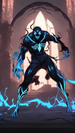Mix between venom symbiote and Reaper in solo leveling shadow style with neon glowing blue