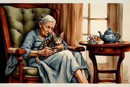 An older woman with normal anatomy, sitting in a comfortable cushioned rocking chair petting her cat,, tea pot and cup on the little table beside her Modifiers: highly detailed wallpaper award winning high definition Jean-Baptiste Monge anatomically correct perfect facial features wet on wet watercolor Perfect Anatomy Catherine Abel, Watercolour and ink accurate natural colors