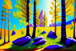 Sunny day, trees and rocks impressionism painting