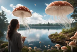 Photorealistic Photo Of A woman Looking Out Over A Lake With Mushrooms With Jellyfish Tentacles, Tall Narrow Cloud Trees In The Background