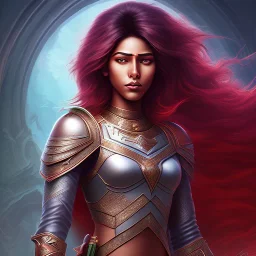 Fantasy setting, woman, dark-skinned, indian, ranger, 23 years old, wavy hair, red streaked hair