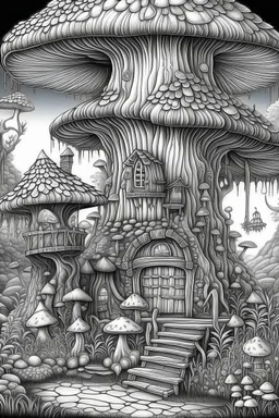 MANDELA STYLE .mushroom tree house in the forest Coloring Book for Adults and Kids, Instant Download, Grayscale Coloring Book