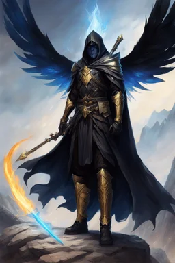 A commander with a black cloak and a long coat with long combat boots and a long spear with his Helmet is golden under his cloak like assasins With a magical power in his hand and a white anklet and boots With blue flame eyes,It has two black wings on its back,Standing on top of a rock