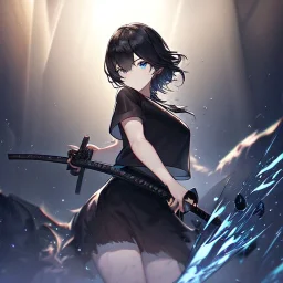 Clear focus,High resolution, black short fluffy hair, long fluffy bangs, and dark blue eyes, Depressed girl, wearing a black short shirt with a black sleeveless crop top, dark aura, controlling water, in a black room, holding a katana