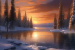 lake, ice, winter, it's snowing, sunset, winter firs and pines, high detail, complex details, high resolution, clear quality, beautiful lighting, spectacular lighting, deep shadows, warm colors, warm light, Dmitry Vishnevsky, Elegant, 8k, oil on canvas, Super detailed, 4K 3D, Clear quality, colorful, very cute