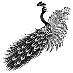 white, A peacock in flight, vector, white background, outline, with images neatly contained within the background, just black and white color, full body, no color. Front view.