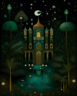 A dark teal Arabian palace with magic carpets in a starry outer space painted by Henri Rousseau