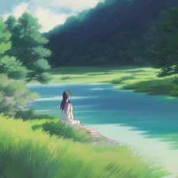 girl sitting by the river, green landscape with bioluminiscent trees, 8k 4d photo realistic, at dusk, light dust, artstation, deviantart, ghibli