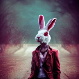 Wa-vy style, epic photo of a bloody humanoid Easter rabbit, ultra realistic, cinematic