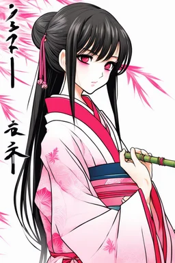 Cute Japanese girl, with pink eyes, a only horn on left side of head, dressed in her pink kimono and a black haori, black long hair with reddish tips, a piece of bamboo covering her mouth, drawing manga style, vibrant colors, in a manga book cover