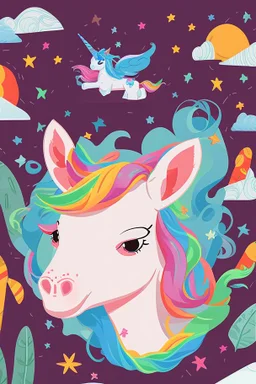 kids illustration, an unicorn image, cartoon style, thick line, low details, vivid color