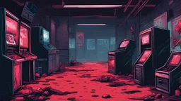 Comic style, desolate dark arcade, blood on the floor, no humans