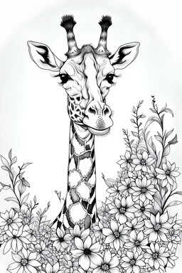 portrait of giraffe and background fill with flowers on white paper with black outline only
