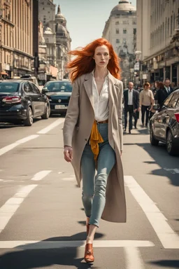 slim redhead woman walking across a busy street