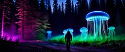 Bigfoot investigating, closeup, giant bio luminous Rainbow floating high JellyFish, light floating in a forest, mist, light trails, nighttime, long exposure, Treeline, Alberta, scientist, Dystopian, Hyper detailed, Realistic, Extreme depth of field, bokeh blur, Alberta all-natural, National Geographic, in the style of candid, imperfection, natural lighting, cinematic, Fuji Film, Anamorphic lens, 2040s, --ar 4:5 --w 150 --style ra