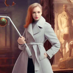 Woman standing with crutch, coat, toy shop background