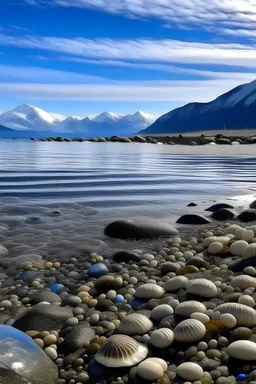 hace mucho frío, aguas cristalinas, se ven caracoles y ostras en la orilla del mar, a lo lejos vegetación y montañas nevadas
