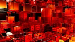 Composición de planos translúcidos en capas superpuestas, volúmenes puros de esferas y cubos en naranjas y rojos intensos. Retícula básica de cuadrícula distorsionada por perspectiva, líneas rectas que forman composiciones lineales de convergencia. Paleta temática de contrastes cálidos sobre neutros oscuros, relación de luz y transparencia, renderizado 3D con materiales de vidrio y resina. volumen seccionado superposición de toros plano centrado línea difractada retícula espacial extendida.