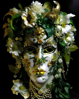 Beautiful venetian masquerade baroque masque half face style camomille flower spring white floral mixes leaves with white, green tiny camomille flowers and green botanical white and black leaves, green leaves masqued womann portrait adorned with camomille floweans asparagus golden leaf rcamomille leaves and black white mollus Shell colour irridescent pearls mollusk colour iheaddress ribbed with camomille green and j white camomille flower Vanilla flower costume dress organic bio spinal ribbed