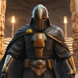 star wars bald male corellian pilot wearing pearlescent black and gunmetal grey First Order special forces heavy assault armor and helmet with gold trim inside the jedi temple, centered portrait, hyperdetailed, dynamic lighting, hyperdetailed background, 8k resolution, volumetric lighting, light skin, fully symmetric details