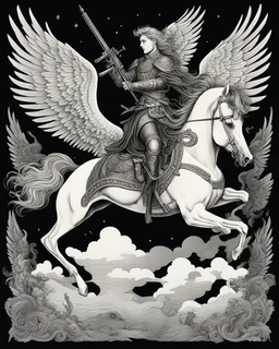 A detailed and macabre illustration of the winged pegasus horse flying, with the jaw and chest bones clearly visible. On the pegasus horse there is a man rider with all his body bones clearly visible, the man rider carries a large AK 47 rifle on his back. The background of the image is black. Below the text "PEGASO".