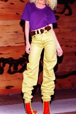 year 1996 denim fashion. Loose, baggy, low waist Combat pants and t-shirt. Colors: denim blue, blue, purple, cream, khaki, light green, lilac, plum, orange, terracotta, red, light yellow, lion yellow, pink, dark blue, beige. leopard, Cheetah, wide belt. Latex in small part. Kylie Minogue, Tyra Banks,Julia Roberts. leg warmer. Cargo pants.