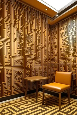 Create handpainted wall mural featuring a geometric maze adorned with Warli symbols. Use warm and inviting colors like pumpkin orange, ochre, and deep brown for a visually engaging design."
